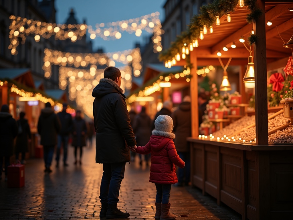 Gezin bezoekt kerstmarkt in Edinburgh met lichtjes en kerstdecoraties