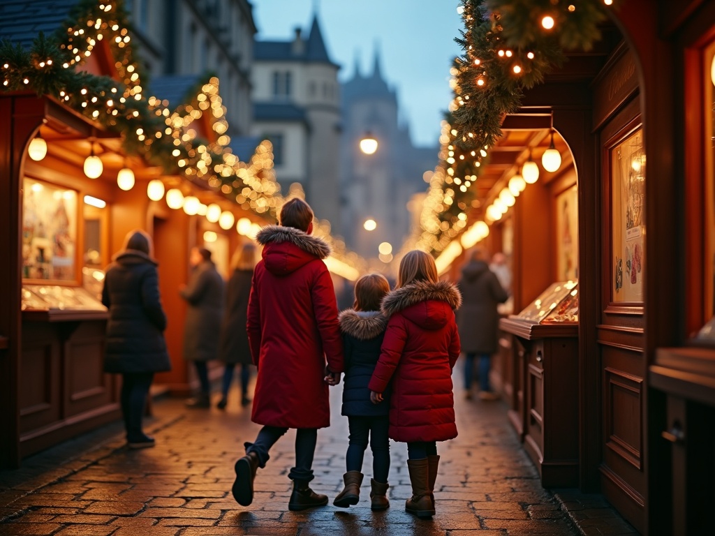 Gezin bezoekt kerstmarkt in Edinburgh bij avondlicht met decoratieve verlichting