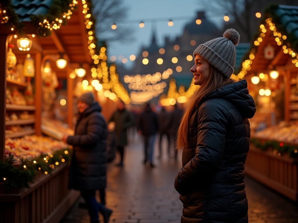Nederlandse familie bezoekt Britse kerstmarkt met feestverlichting