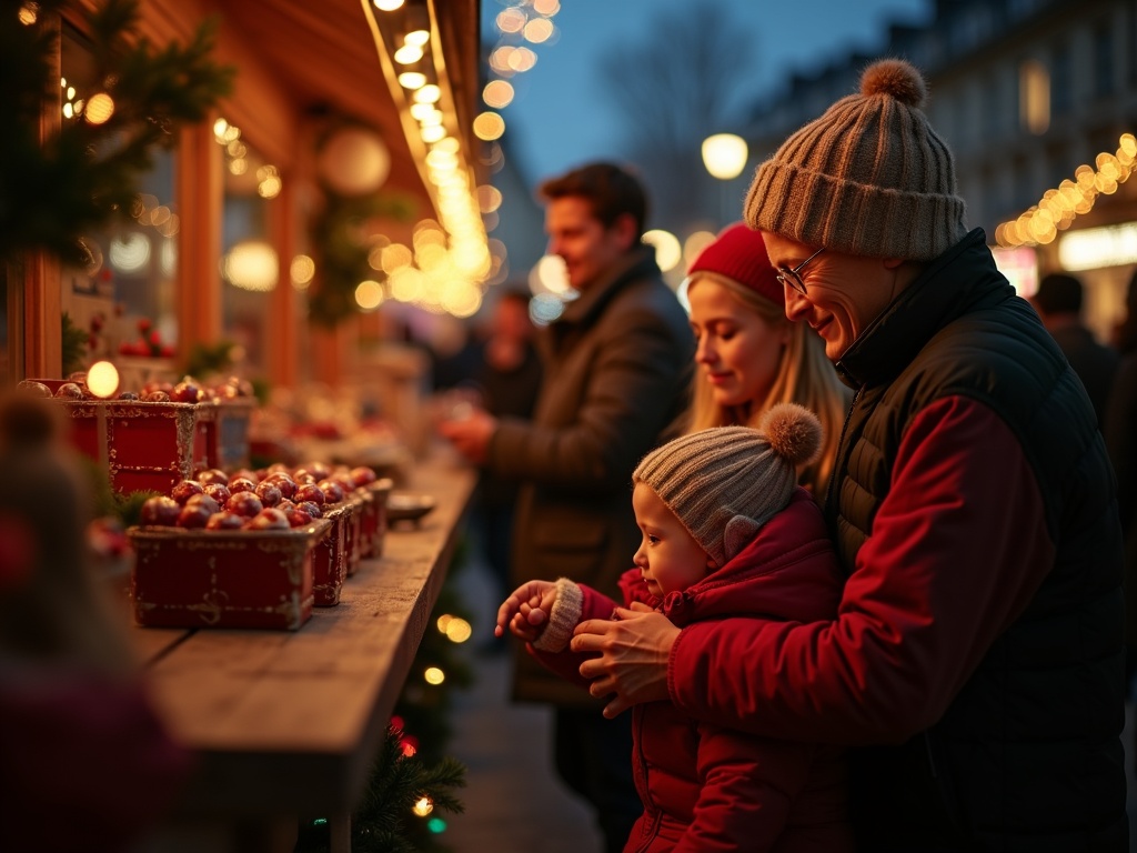 Nederlandse familie bezoekt kerstmarkt in VK met feestverlichting en winterkleding
