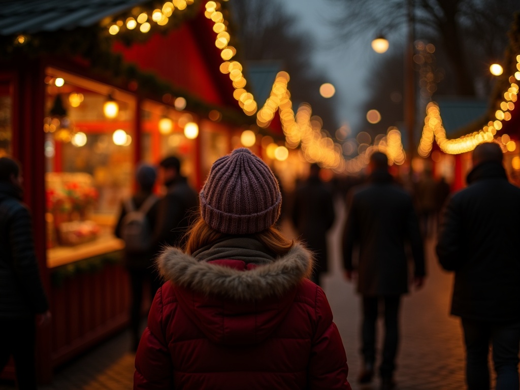 Nederlandse familie wandelt over sfeervolle kerstmarkt in VK onder avondverlichting