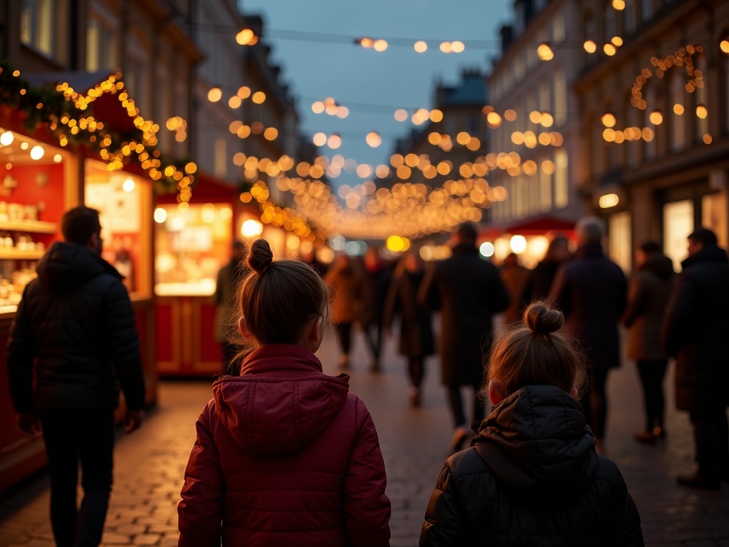 Gezin bezoekt Londense kerstmarkt vol lichtjes en kraampjes in de avond