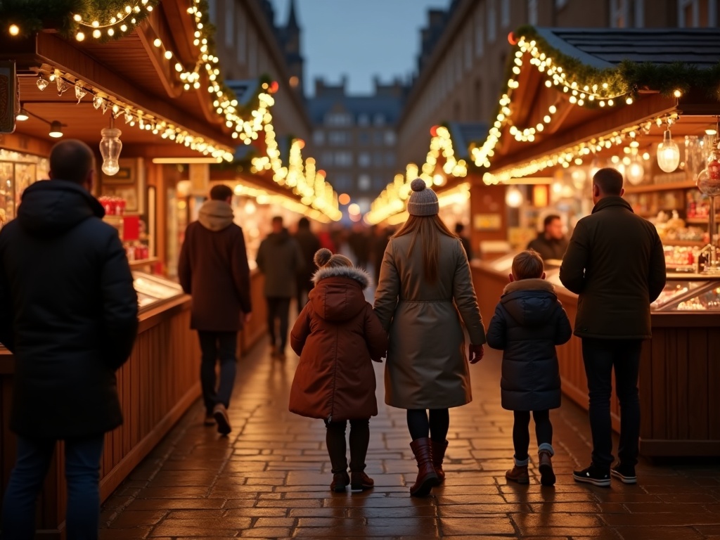 Nederlandse familie bezoekt 's avonds een kerstmarkt in Edinburgh met lichtjes en kraampjes