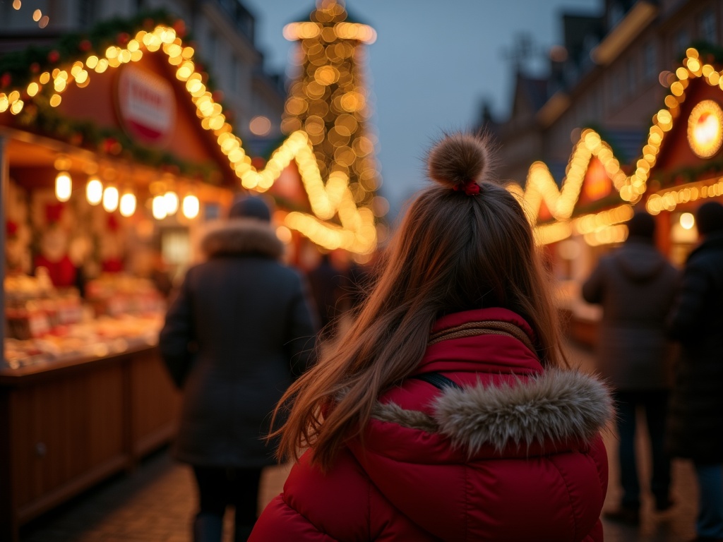 Nederlands gezin op kerstmarkt in VK met feestverlichting in de avond