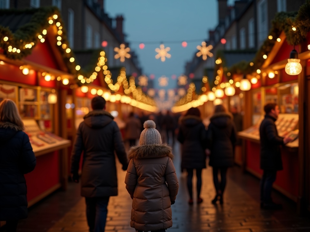 Gezin bezoekt kerstmarkt in het VK met feestverlichting en kraampjes in de avond