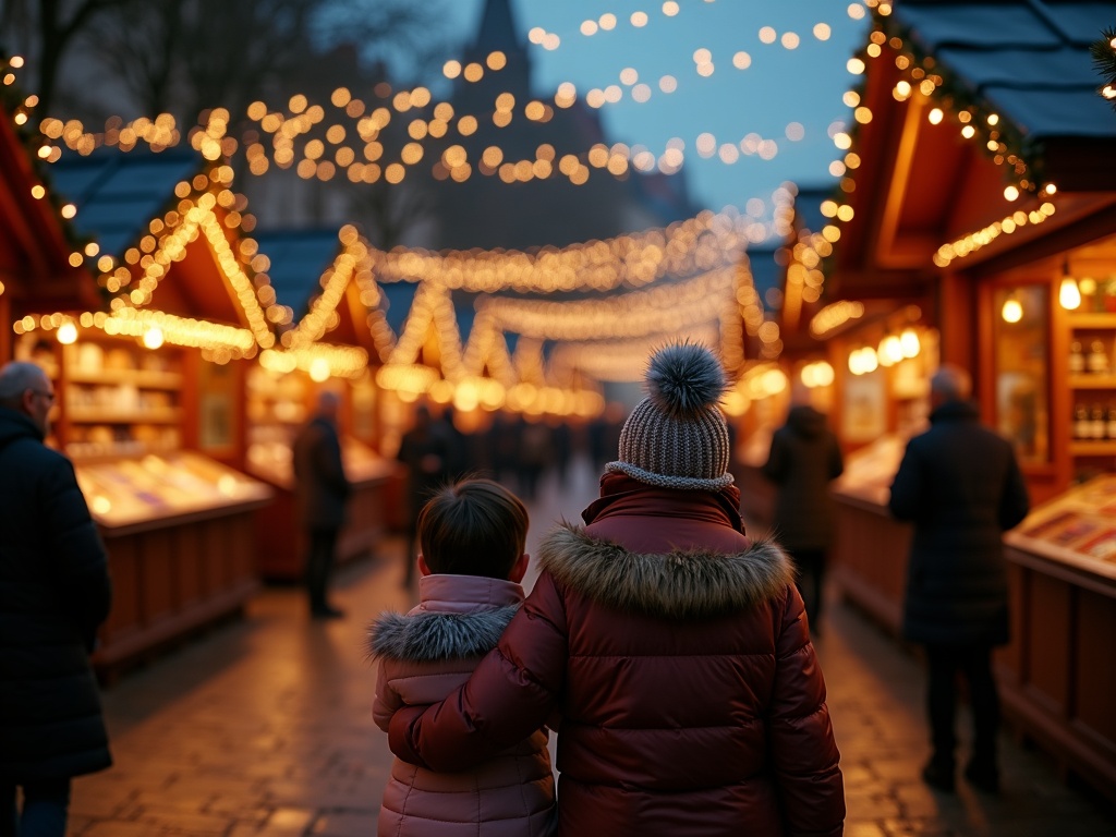 Gezin bezoekt 's avonds een kerstmarkt in het VK met feestelijke verlichting