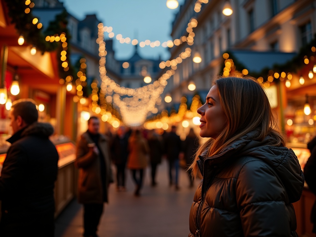 Gezin bezoekt kerstmarkt in Londen bij avondlicht met feestverlichting