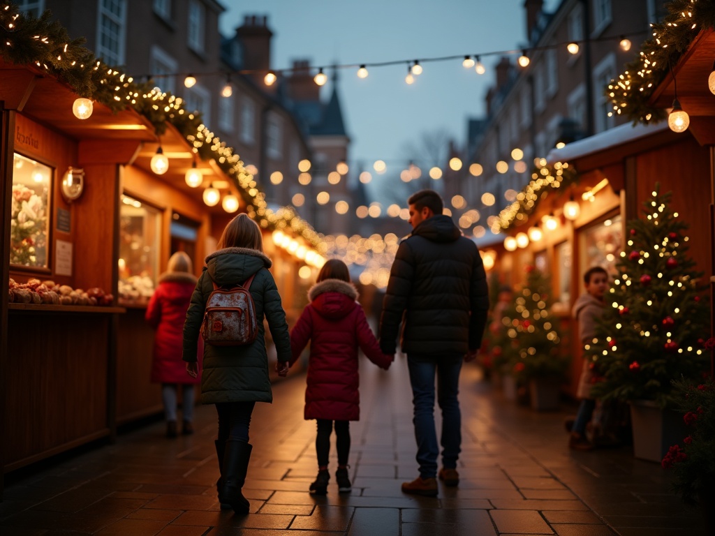 Nederlandse familie geniet van kerstmarkt in Londen met feestverlichting