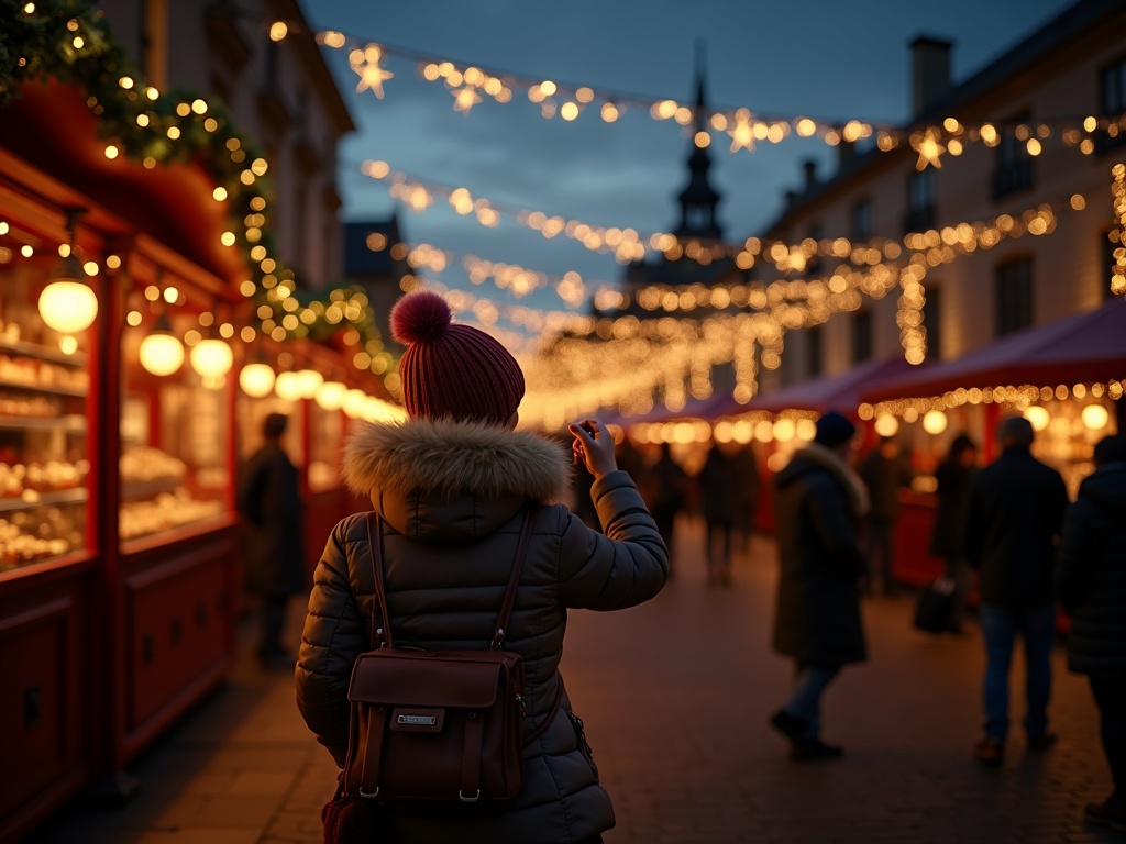 Nederlandse familie bezoekt kerstmarkt in Londen met feestverlichting