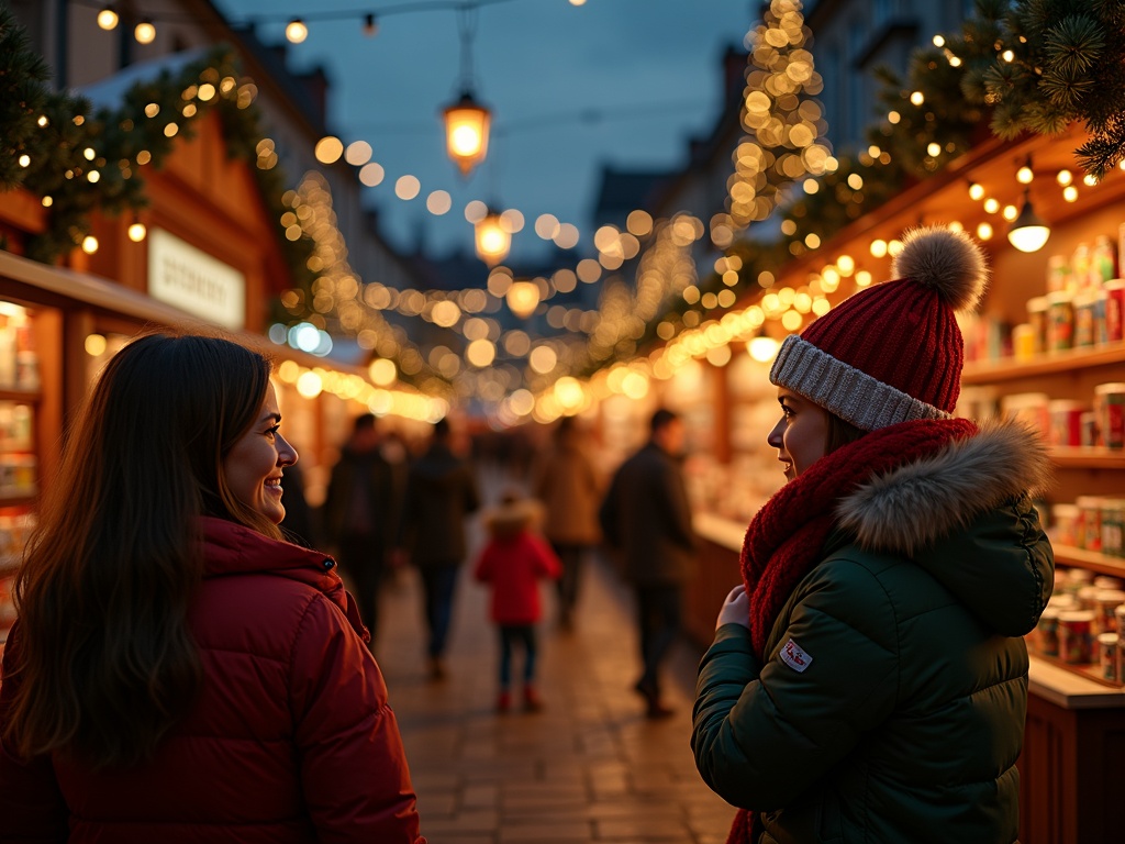 Gezin bezoekt kerstmarkt in het VK met feestverlichting en kraampjes