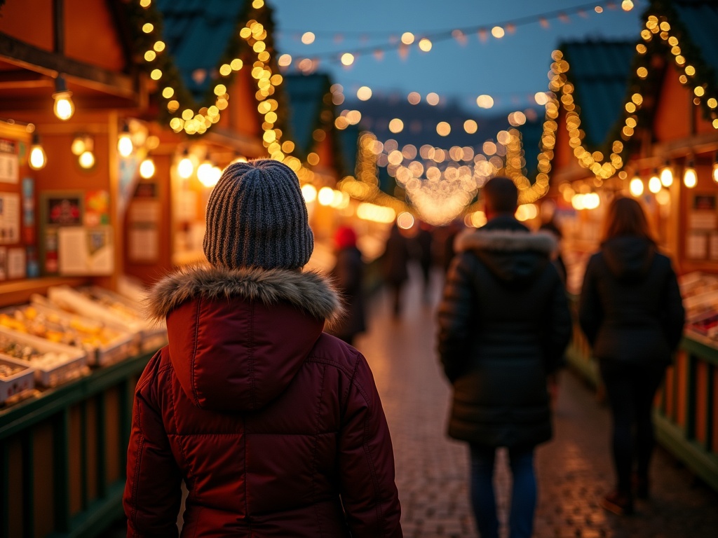 Nederlandse familie bezoekt sfeervolle kerstmarkt in Groot-Brittannië bij avondlicht met rode, groene en gouden verlichting