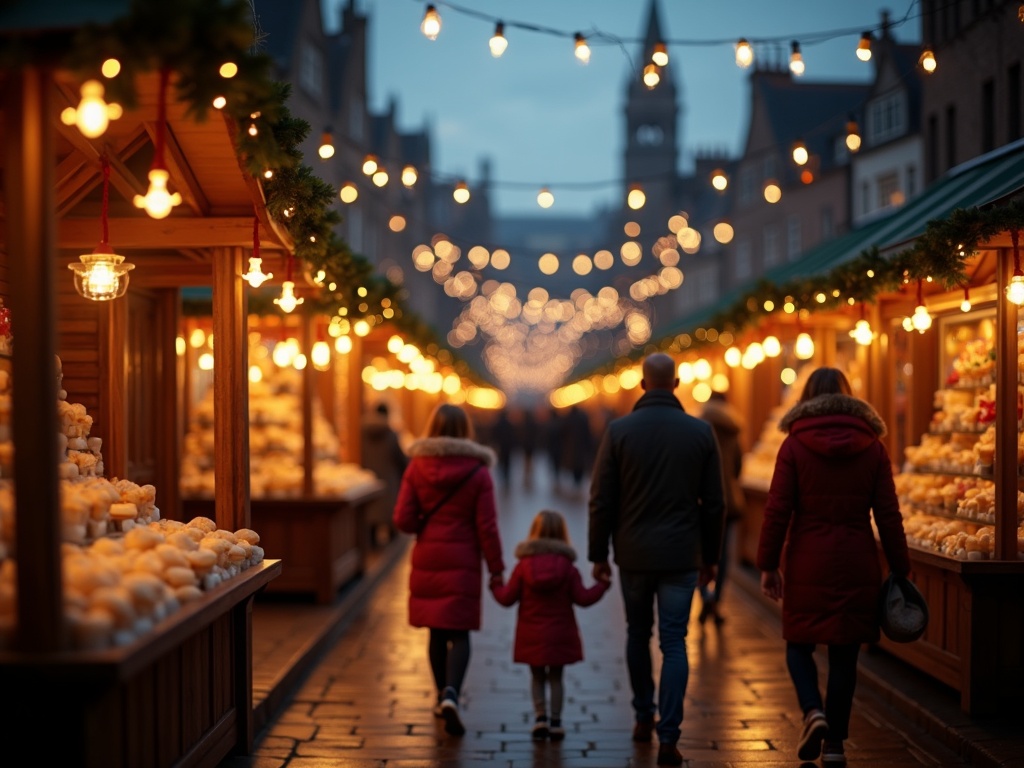 Nederlandse familie bezoekt kerstmarkt met lichtjes in de avond