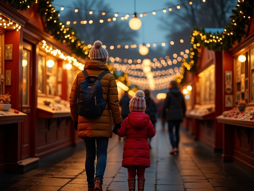 Nederlandse familie bezoekt kerstmarkt in Londen met feestverlichting