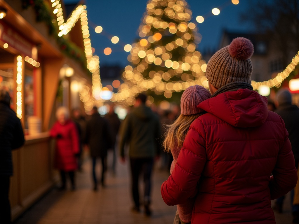 Nederlandse familie verkent een kerstmarkt in Londen met warme verlichting en feestelijke sfeer