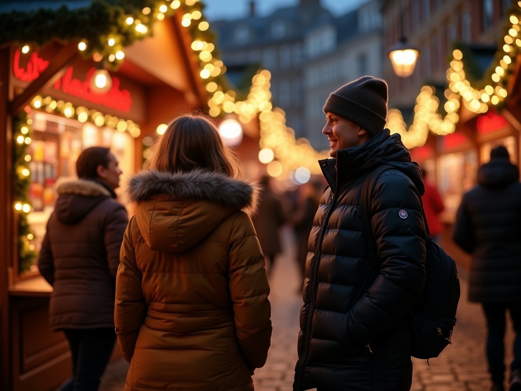 Nederlands gezin op kerstmarkt in Londen met feestverlichting