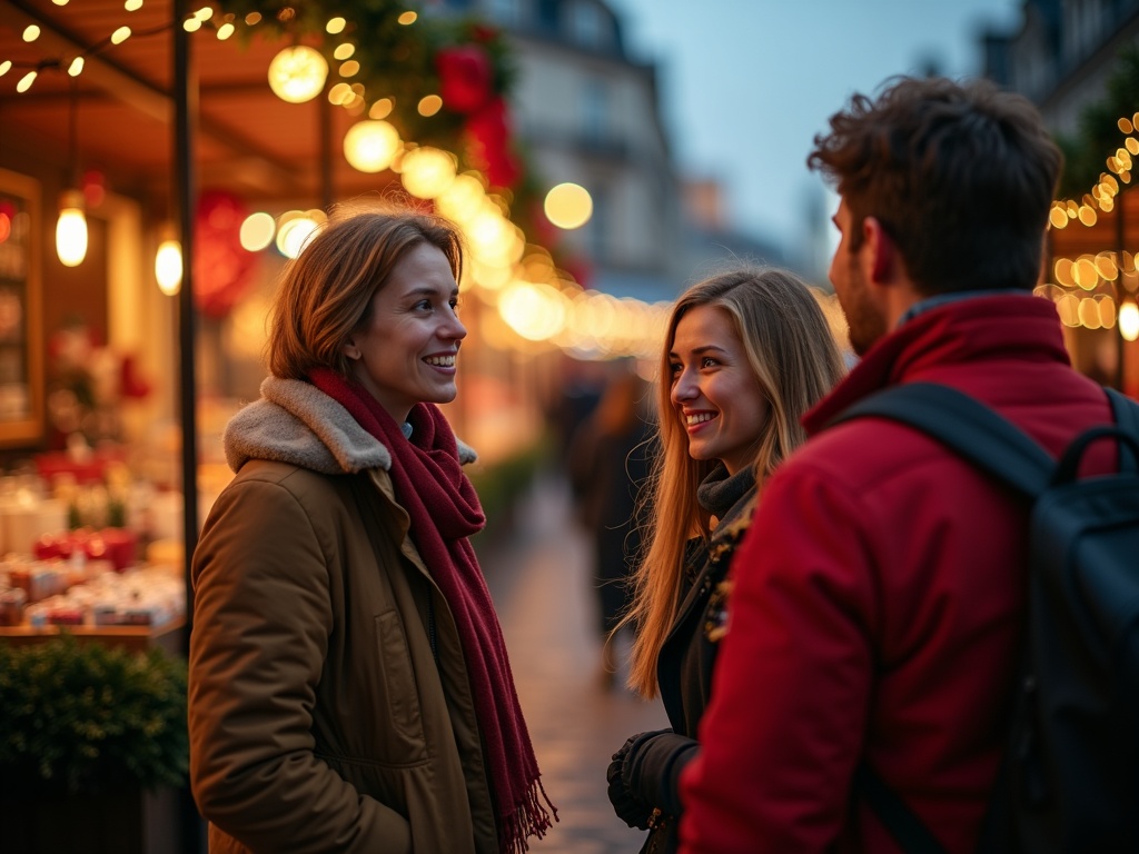 Gezin geniet van kerstmarkt in het VK met lichtjes en versieringen