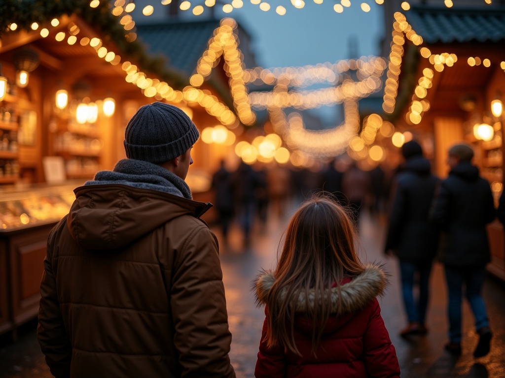Nederlands gezin bezoekt kerstmarkt in VK met lichtjes en kraampjes