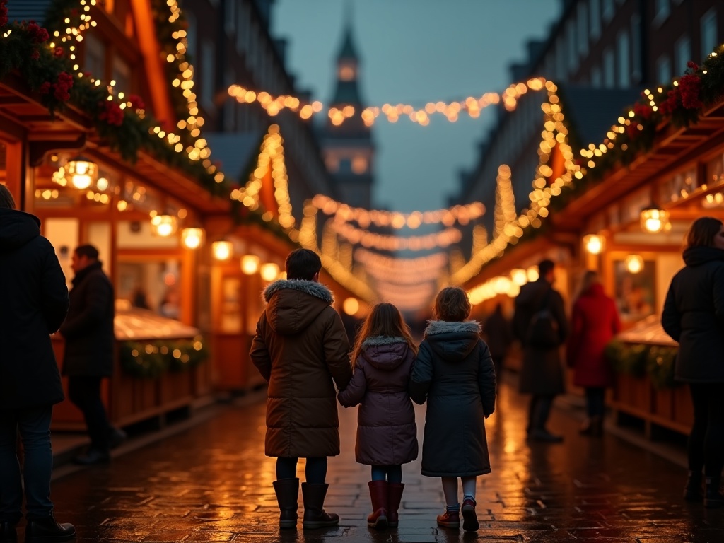 Nederlandse familie bezoekt een Britse kerstmarkt vol lichtjes en sfeer