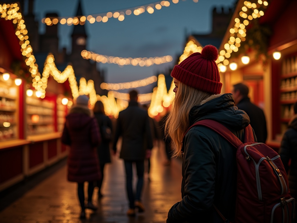 Familie bezoekt kerstmarkt in VK met feestverlichting in avondlicht