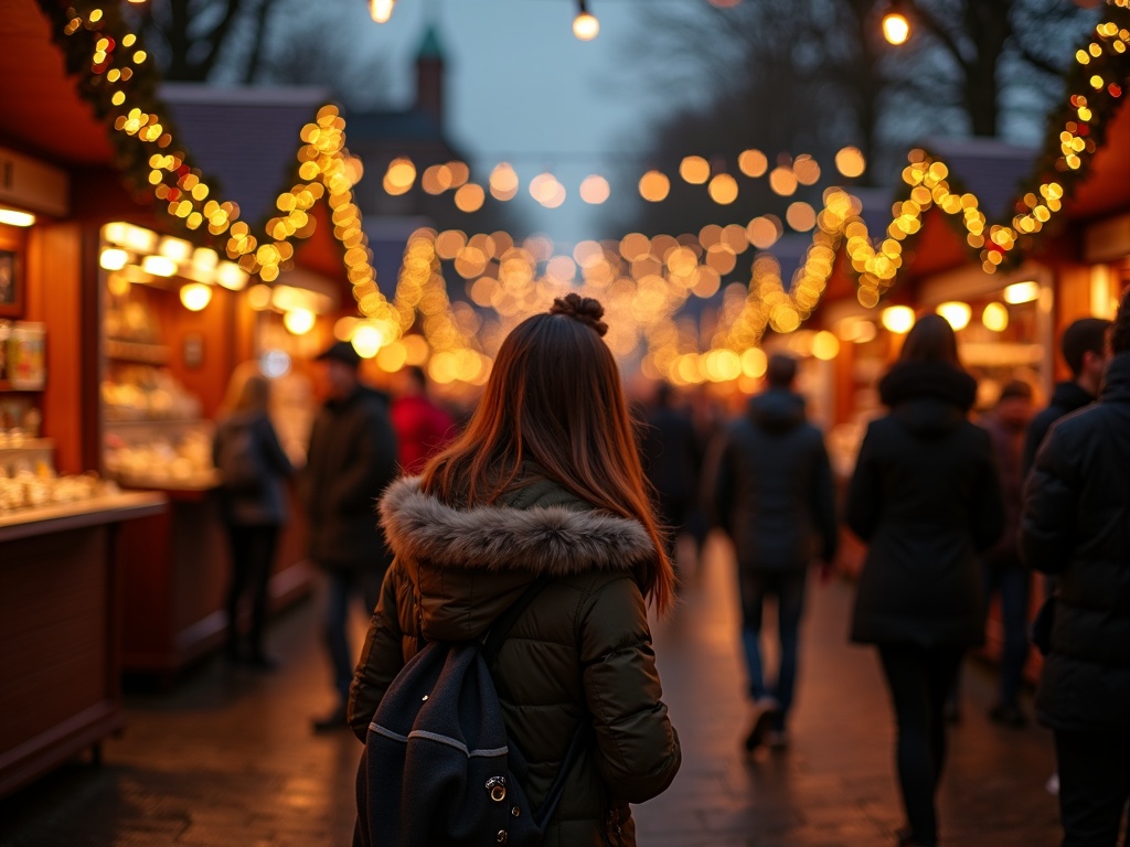 Nederlandse familie bezoekt kerstmarkt in het VK bij avondlicht met feestelijke decoraties