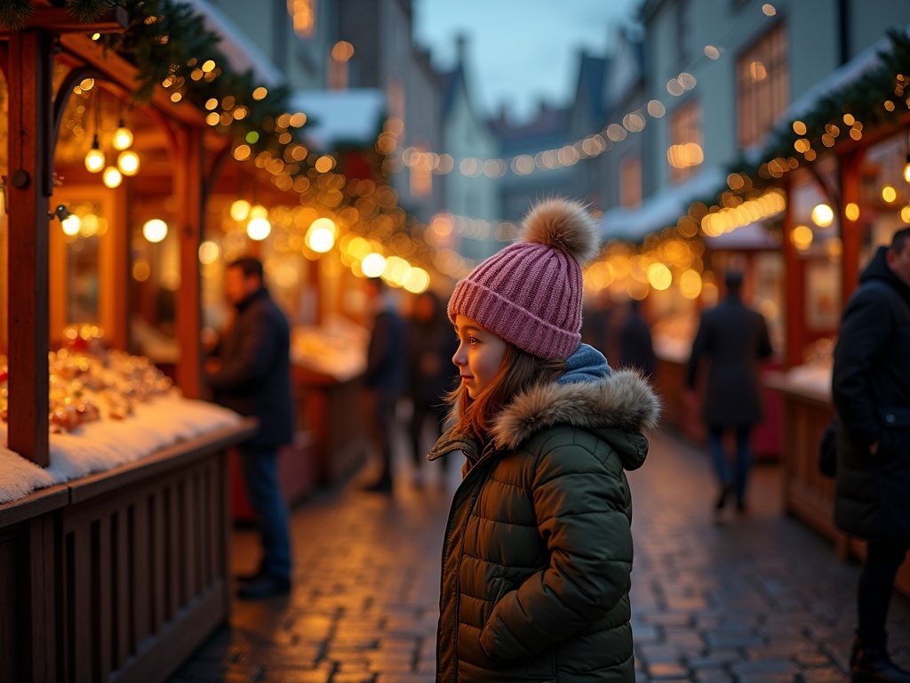 Gezin bezoekt kerstmarkt in het VK met lichtjes in rode, groene en gouden tinten
