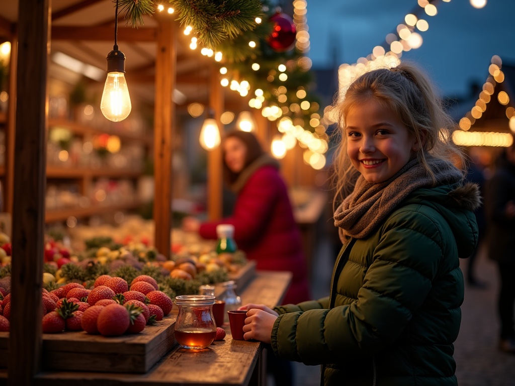 Gezin geniet van kerstmarkt in Engeland met lichtjes en kraampjes