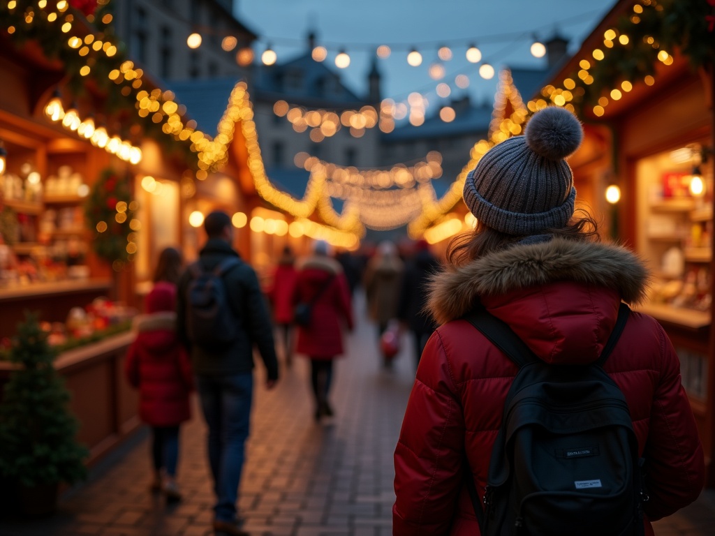 Nederlandse familie bezoekt kerstmarkt in Schotland met feestverlichting in rood, groen en goud