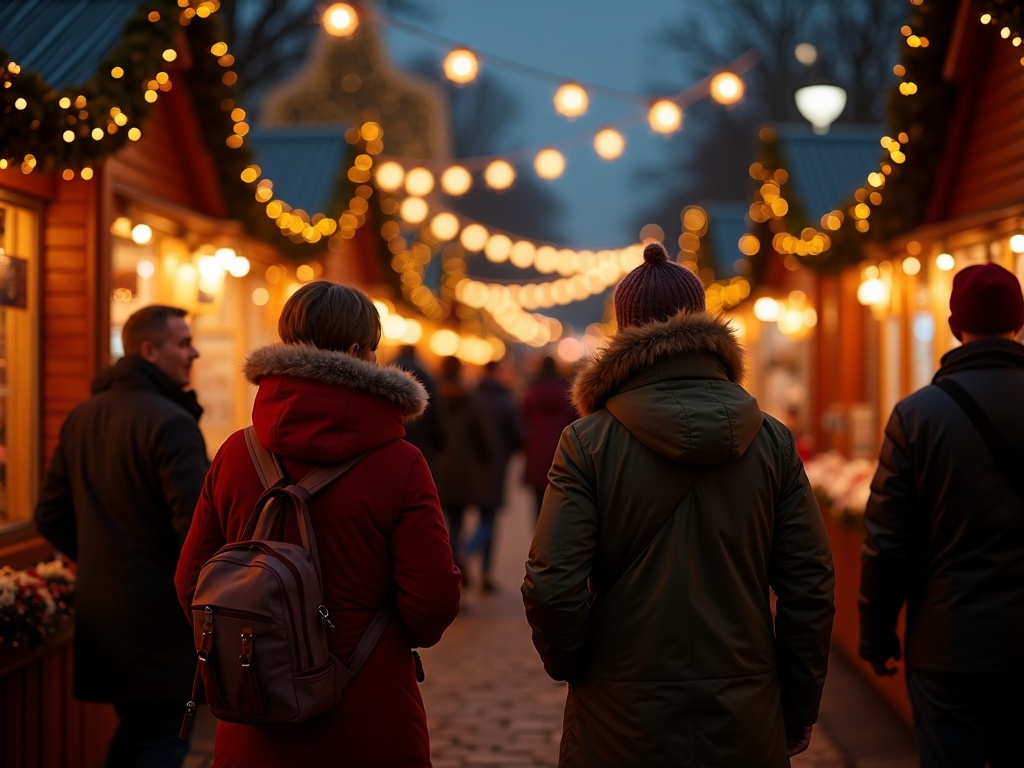 Gezin geniet van kerstmarkt in het VK met feestelijke verlichting