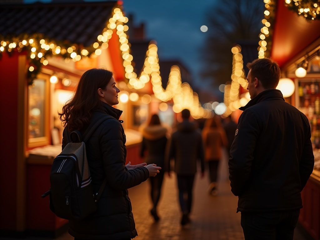 Gezin bezoekt Britse kerstmarkt met feestverlichting in avondlucht