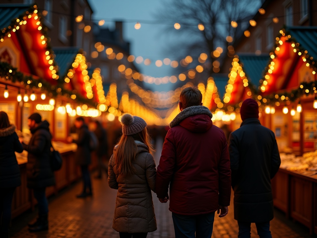 Een Nederlands gezin bezoekt een Britse kerstmarkt vol lichtjes en kraampjes