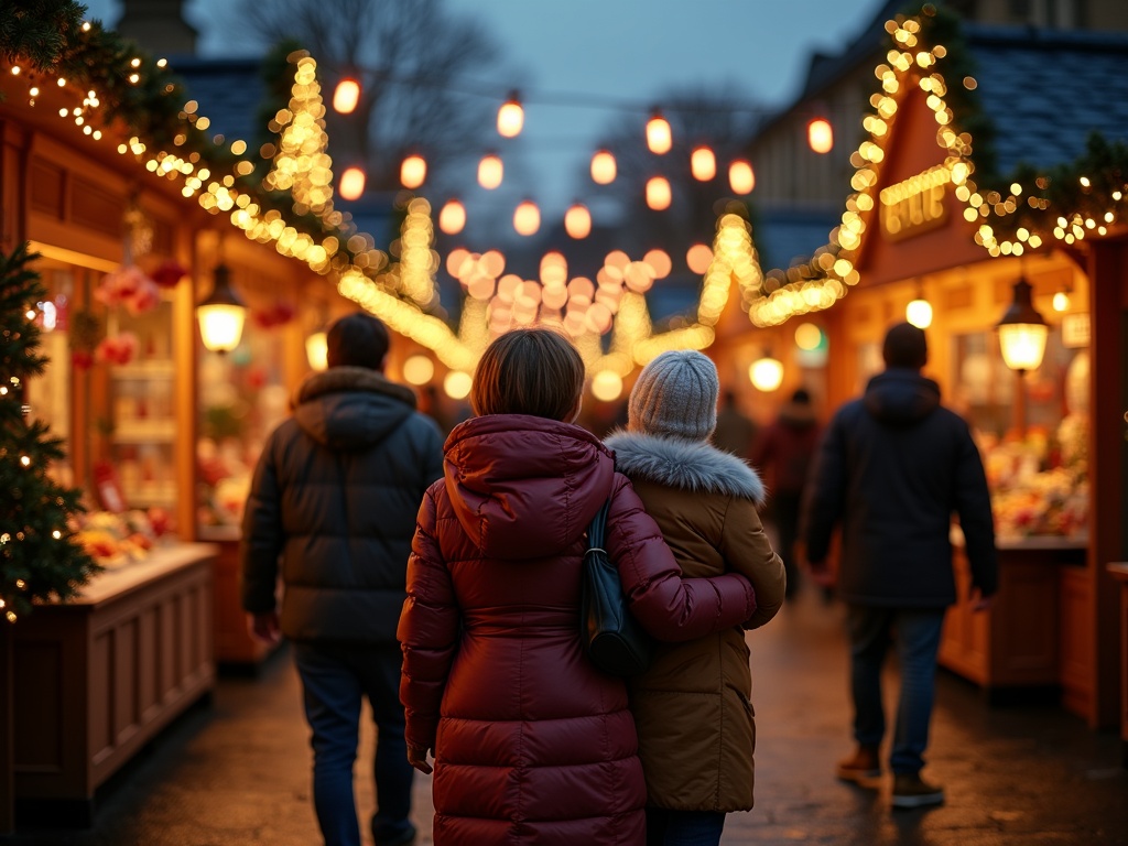 Familie bezoekt een Britse kerstmarkt in de avond met feestverlichting