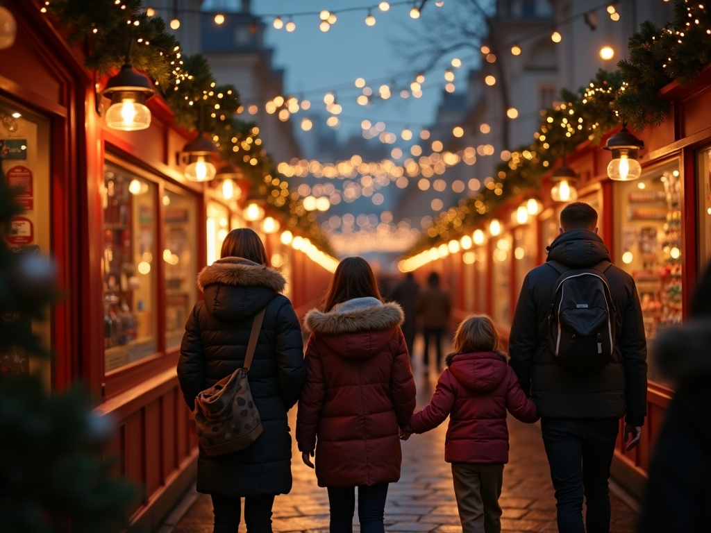 Nederlandse familie bezoekt kerstmarkt in Londen met feestverlichting