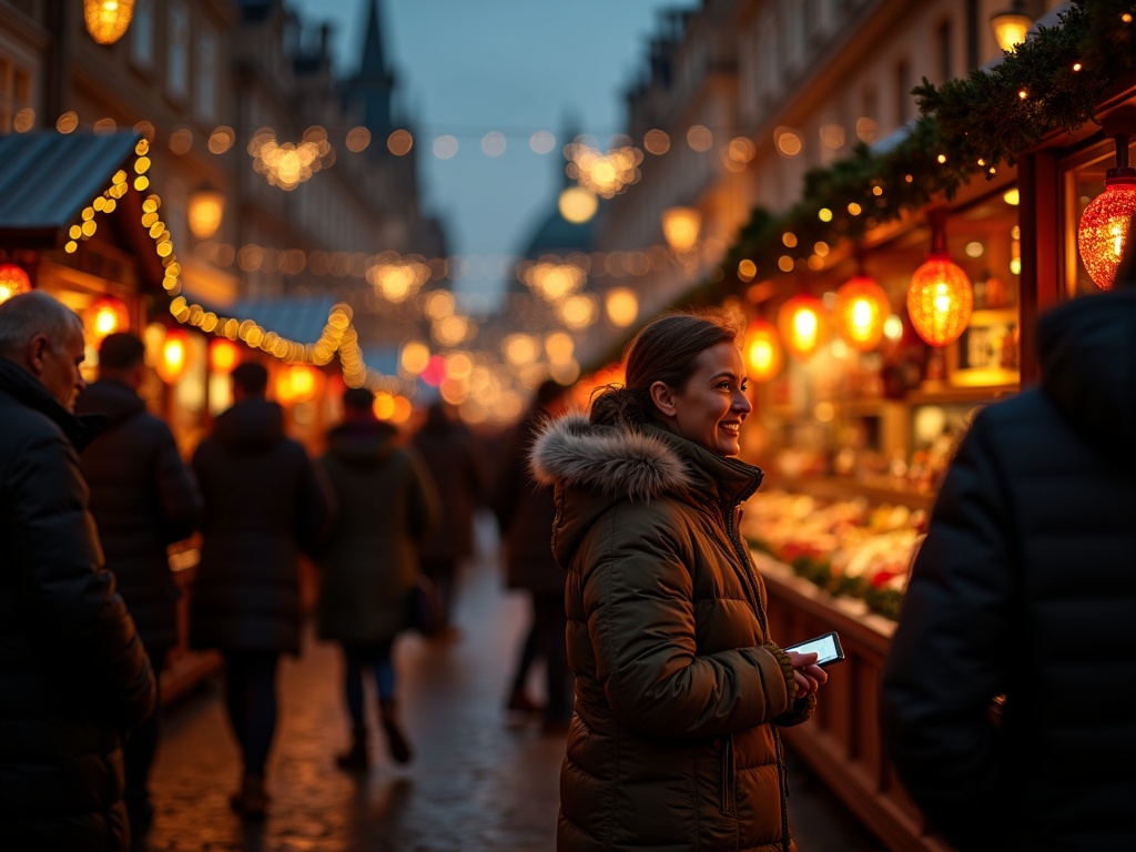 Familie bij een kerstsfeer-UK-markt met avondverlichting