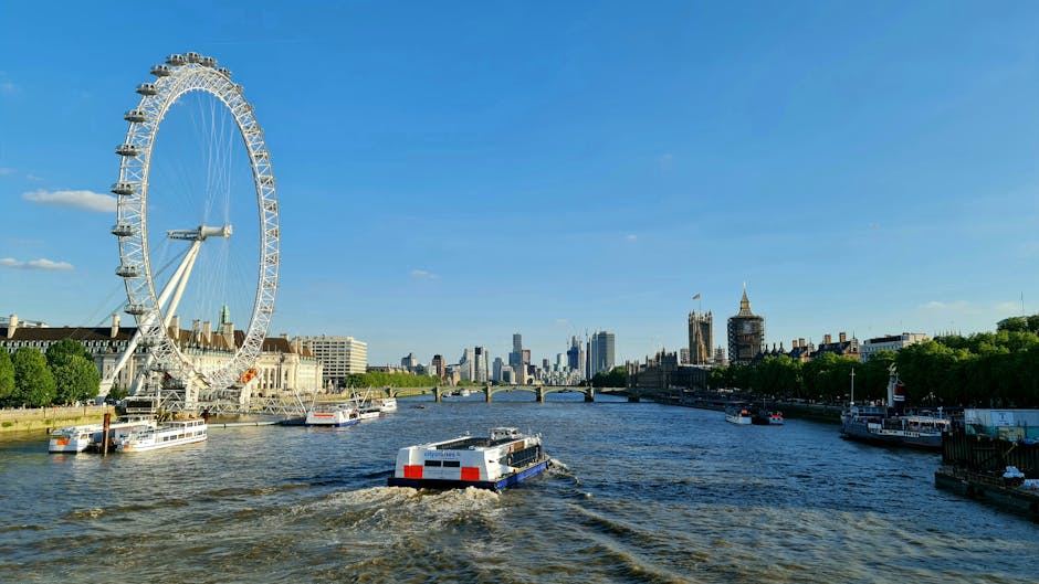 A vibrant view of the London Eye and Thames River on a sunny day showcasing London's landmarks.