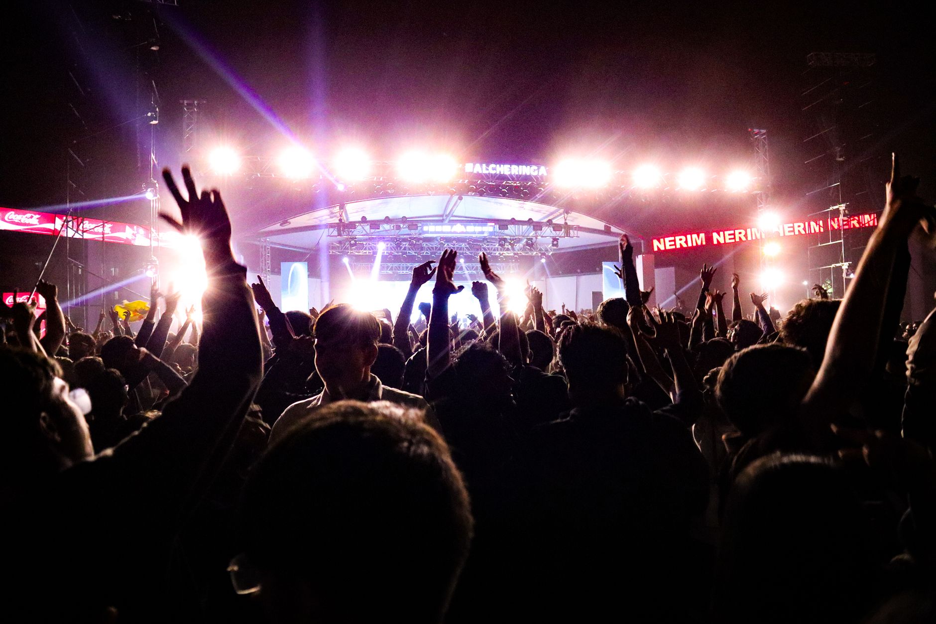 Juichende fans met handen in de lucht tijdens een livemuziekshow in een groot stadion